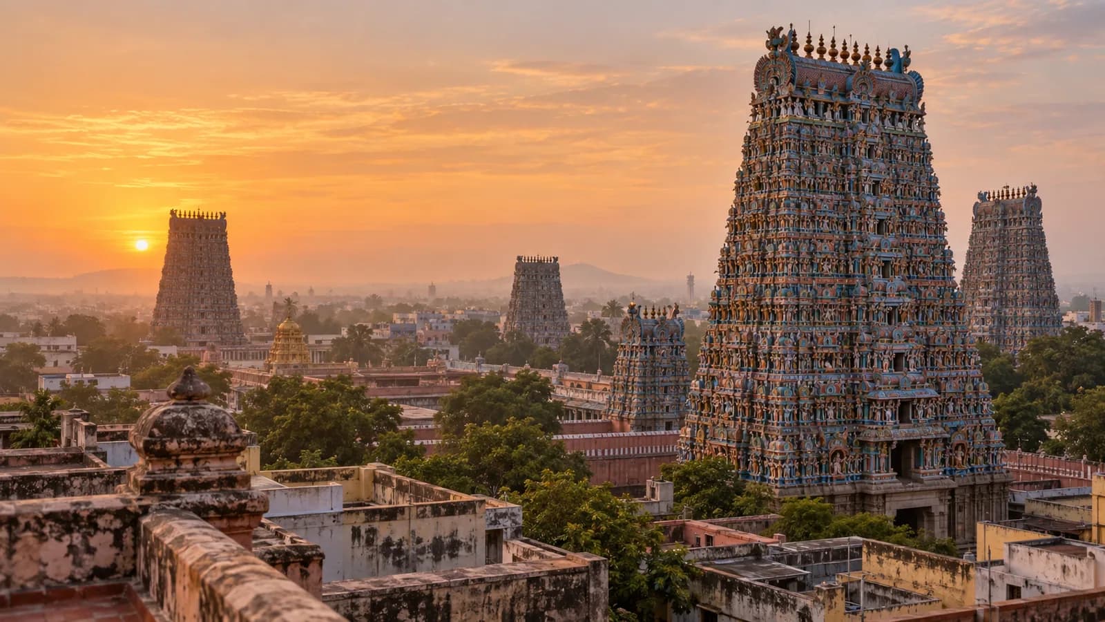 The richly sculpted gopurams of Meenakshi Amman Temple rising over Madurai at dawn