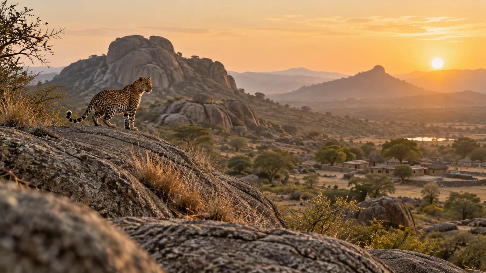 A leopard standing on the granite hills of Jawai in Rajasthan at sunset