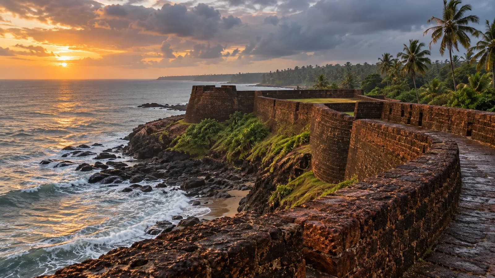 Bekal Fort ramparts above the Arabian Sea on Kerala’s northern coast at sunset