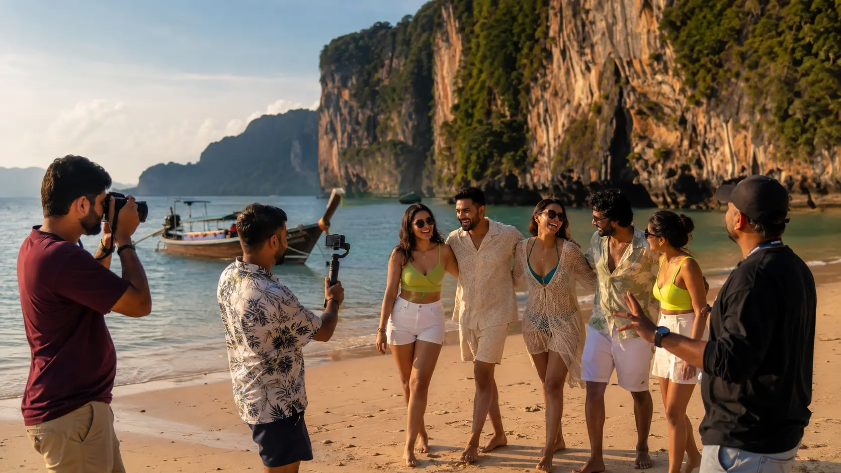A group of travellers laughing together on a Thai beach at golden hour